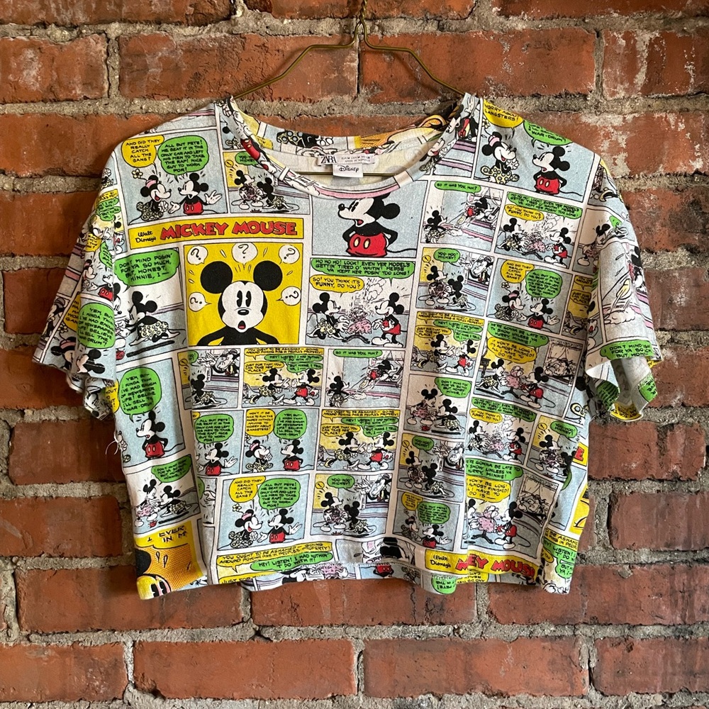 Zara Mickey Mouse Comic Print Cropped Tee - White, Yellow, Green, Black, Red